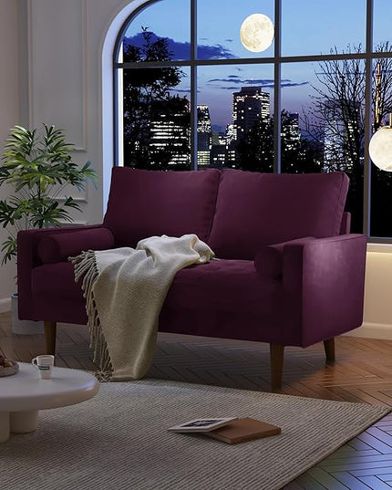 Velvet Furniture for Small Spaces, Mid-Century Modern Loveseats for Living Room, Love Seat Couch Sofas, 58 Inches, Eggplant - LeafyLoom