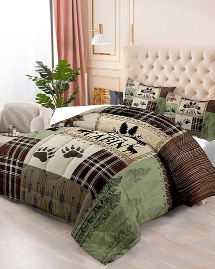 LUVIVIHOME 3PCS Farmhouse Comforter Set Full Size, Brown Plaid Patchwork Sage Green Quilt Bear Deer Elk Moose Woodland Forest Animal Hunting Wildlife Lodge Country Rustic Cabin Bedding, 2 Pillow Shams - LeafyLoom