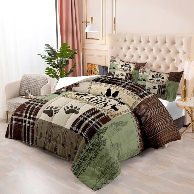 LUVIVIHOME 3PCS Farmhouse Comforter Set Full Size, Brown Plaid Patchwork Sage Green Quilt Bear Deer Elk Moose Woodland Forest Animal Hunting Wildlife Lodge Country Rustic Cabin Bedding, 2 Pillow Shams - LeafyLoom