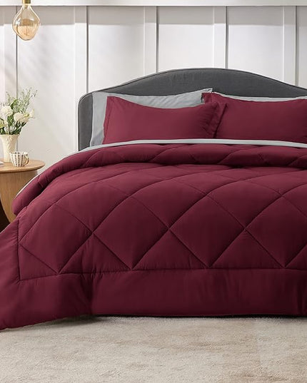 Bedsure Burgundy King Size Comforter Set - 7 Pieces Reversible King Bed in a Bag King Bed Set with Comforters, Sheets, Pillowcases & Shams, King Bedding Sets - LeafyLoom