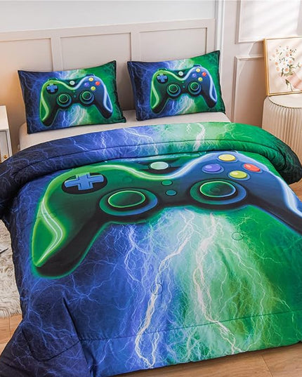 Meeting Story Gamer Gaming Bedding Sets Red Blue Lightnings Gamepad Comforter Set for Boys Games Console Action Buttons Novelty Colorful Modern Room Decor Home Quilt Set (Blue-Green, Queen) - LeafyLoom