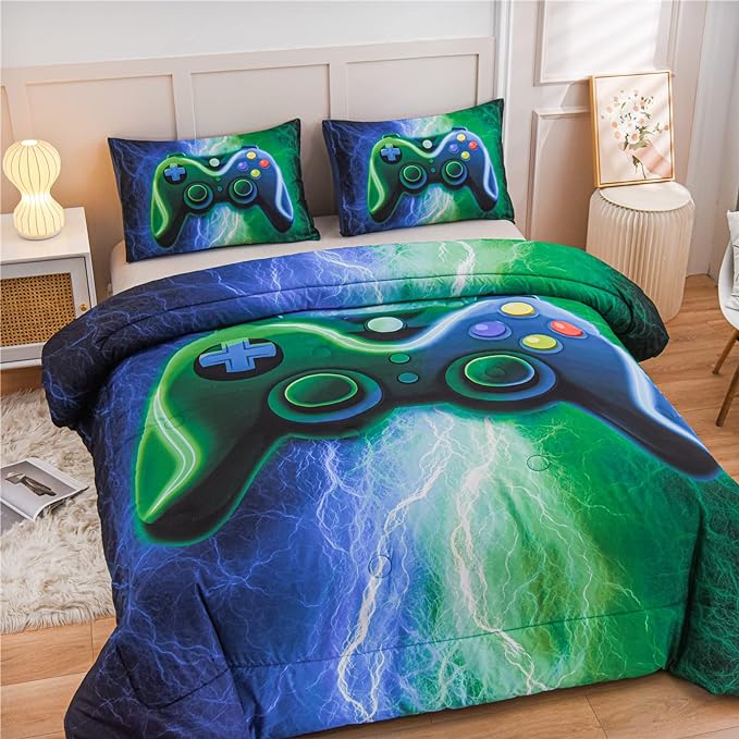 Meeting Story Gamer Gaming Bedding Sets Red Blue Lightnings Gamepad Comforter Set for Boys Games Console Action Buttons Novelty Colorful Modern Room Decor Home Quilt Set (Blue-Green, Queen) - LeafyLoom