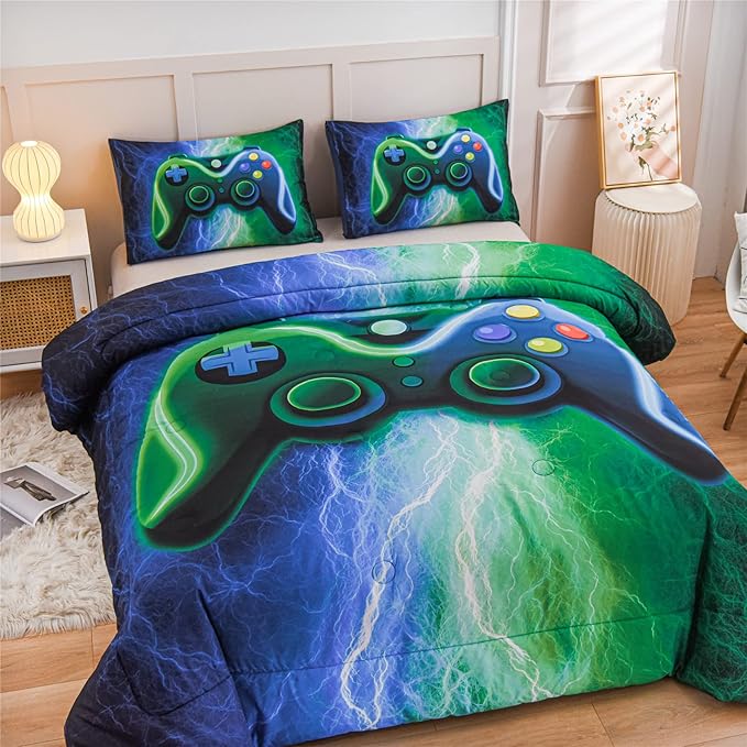 Meeting Story Gamer Gaming Bedding Sets Red Blue Lightnings Gamepad Comforter Set for Boys Games Console Action Buttons Novelty Colorful Modern Room Decor Home Quilt Set (Blue-Green, Full) - LeafyLoom
