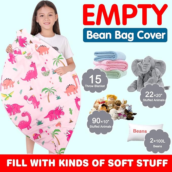 Lukeight Stuffed Animal Storage Bean Bag Chair Cover for Kids, Dinosaur Zipper Beanbag Chair Cover for Organizing Toddler & Kids' Rooms Plush Toys (Dinosaur Blush, X-Large) - LeafyLoom