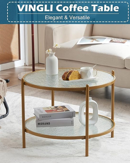 VINGLI 25.6" Small Matte Gold Round Coffee Table Water-wave Glass Circle Clear Coffee Table, Center Table with 2-Tier Modern Storage Design for Living Room, Bedroom, Meeting Room, Balcony, Patio - LeafyLoom