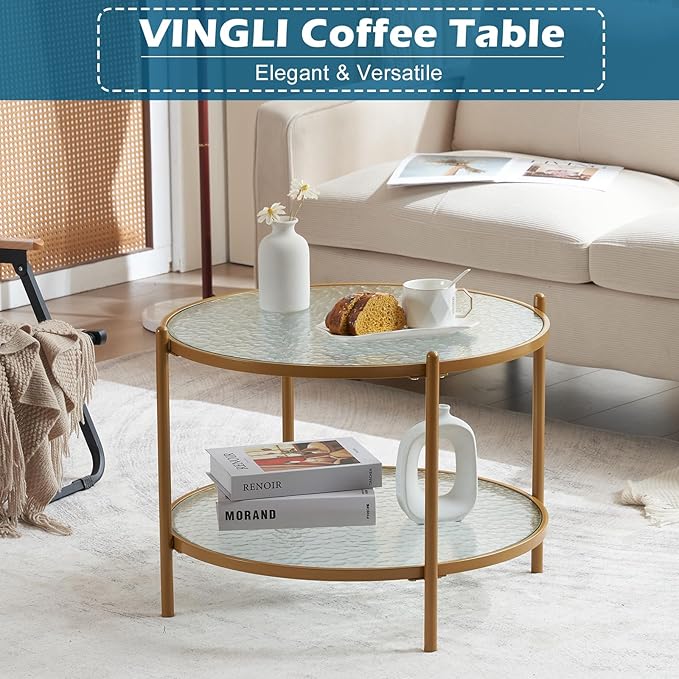 VINGLI 25.6" Small Matte Gold Round Coffee Table Water-wave Glass Circle Clear Coffee Table, Center Table with 2-Tier Modern Storage Design for Living Room, Bedroom, Meeting Room, Balcony, Patio - LeafyLoom