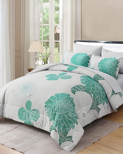 Yiran Grey Aqua Floral King Comforter Set Bed in a Bag Soft Microfiber Comforter Bedding Set 103"×90",7 Pieces (1 Comforter,2 Pillowcases,2 Pillow Shams,1 Flat Sheet,1 Fitted Sheet) - LeafyLoom