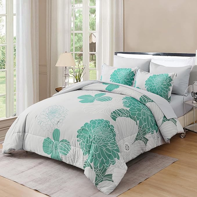 Yiran Grey Aqua Floral Queen Comforter Set Bed in a Bag Soft Microfiber Comforter Bedding Set 90"×90",7 Pieces (1 Comforter,2 Pillowcases,2 Pillow Shams,1 Flat Sheet,1 Fitted Sheet) - LeafyLoom