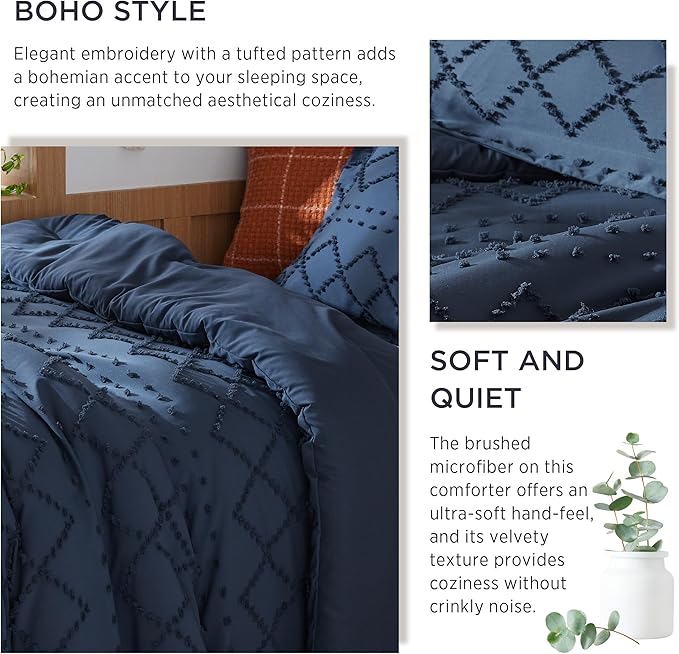 Bedsure Twin/Twin XL Comforter Set - Navy Boho Twin Extra Long Comforter Set for College, Shabby Chic Dorm Bedding Set, 2 Pieces Modern Farmhouse Bed Set, includes 1 Pillow Sham - LeafyLoom
