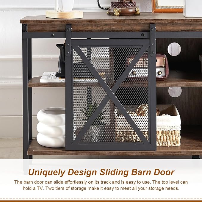 HOMISSUE Corner TV Stand, Corner TV Stand for 55 60 Inch TV, Industrial & Farmhouse Corner Entertainment Center w/Sliding Barn Door, Corner TV Cabinet for Living Room, Brown - LeafyLoom