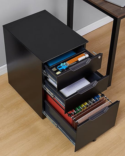 Amazon Basics 3 Drawer Mobile File Cabinet With Lock, Black, 20.71" D x 15.51" W x 24.29" H - LeafyLoom
