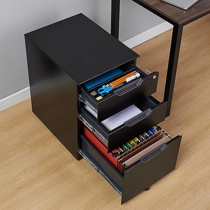 Amazon Basics 3 Drawer Mobile File Cabinet With Lock, Black, 20.71" D x 15.51" W x 24.29" H - LeafyLoom