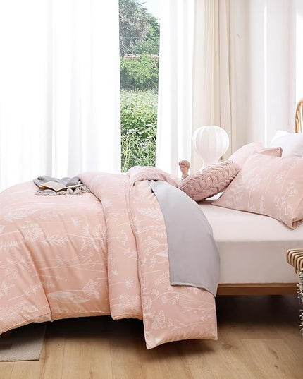 JANZAA Pink Comforter Set Queen Floral Comforter Set 3 PCS Cute Bedding Sets Blush Comforter Set Plant Flowers Printed on Fluffy Comforter Set for All Season - LeafyLoom