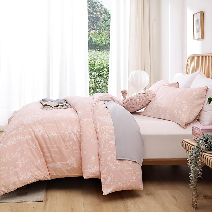JANZAA Full Size Comforter Set Blush Bedding Comforter Set Floral Bedding Set Microfiber Comforter Set with 2 Pillow Cases for All Season Cozy and Comfortable - LeafyLoom