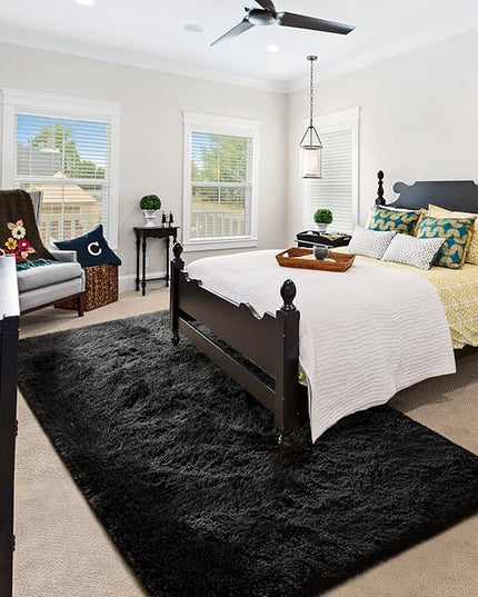 Super Soft Fluffy Shaggy Rugs 5x8 Feet for Living Room Bedroom, Fuzzy Plush Area Rugs for Girls Kids Room Nursery Home Decor, Furry Dorm Rug Cute Non-Slip Indoor Floor Carpet, Black - LeafyLoom
