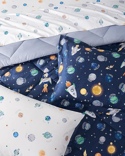 Kids Bedding Set for Boys, Twin Size 5 Pieces Space Themed Bed in a Bag, Super Soft Lightweight Microfiber Comforter Set with Sheets, Hotel Quality Durable Children Bed Set - LeafyLoom