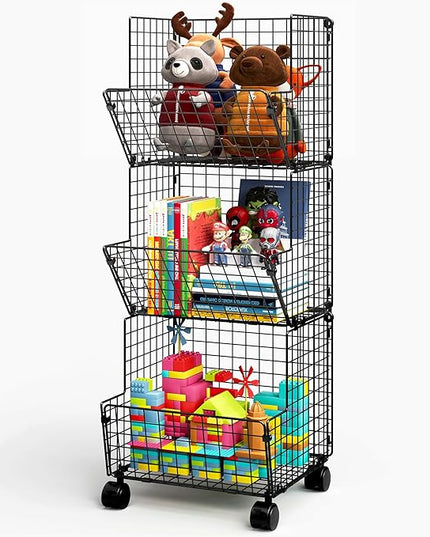 3 Tier Metal Wire Baskets - Toy Organizer Basket Shelf with Wheel, S-Hooks, Rolling Cart Hanging Storage Baskets for Child Room, Playroom, Bedroom, Kitchen (Black) - LeafyLoom