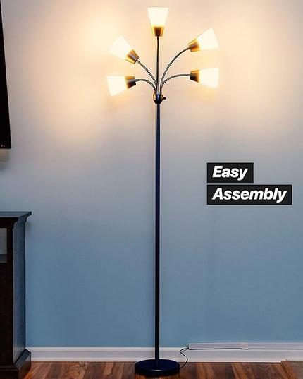 Brightech Medusa Modern LED Floor Lamp – Multi Head Floor Lamp for Living Rooms & Offices – Tall Lamp with Interchangeable Shade, Standing Lamp with 5 LED Bulbs for Hobbies - Black - LeafyLoom