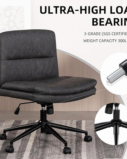 Armless Office Chair with Wheels Wide Desk Chair Leather Mid Back Accent Chair Padded Swivel Vanity Chair for Girl Women Computer Task Chair for Home Office (Leather, Dark Gray/Gray) - LeafyLoom