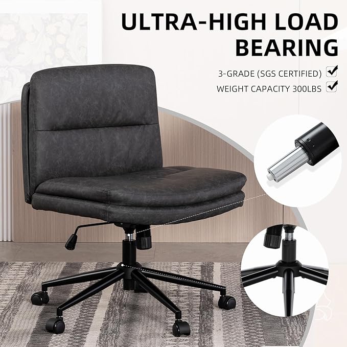 Armless Office Chair with Wheels Wide Desk Chair Leather Mid Back Accent Chair Padded Swivel Vanity Chair for Girl Women Computer Task Chair for Home Office (Leather, Dark Gray/Gray) - LeafyLoom