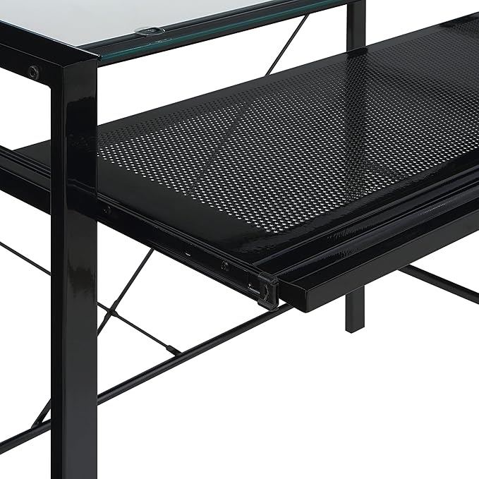 OSP Home Furnishings Zephyr Computer Desk with Keyboard Shelf and Tempered Glass Top, Clear Glass and Black Frame, 36" W x 20" D x 30.25" H - LeafyLoom