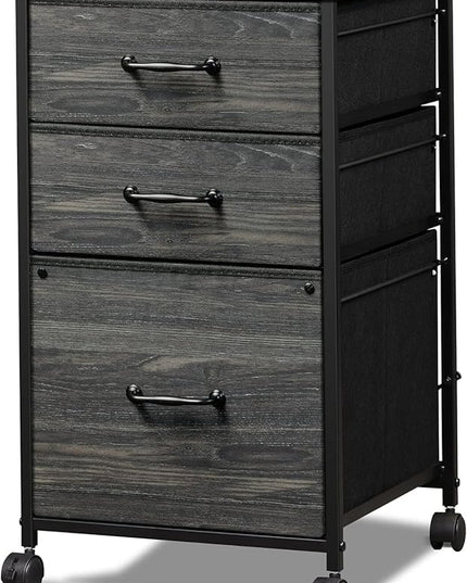 DEVAISE Mobile File Cabinet, Rolling Printer Stand with 3 Drawers, Fabric Vertical Filing Cabinet fits A4 or Letter Size for Home Office, Charcoal Black Wood Grain Print - LeafyLoom
