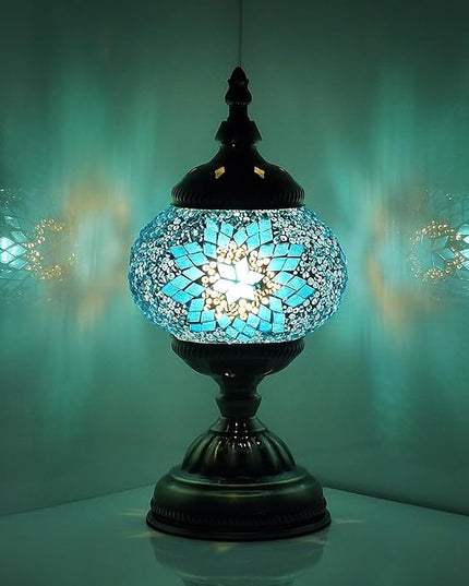 Turkish Mosaic Lamp Bohemian Tiffany Style Stained Glass Bedside Lamp for Bedroom (Blue) - LeafyLoom