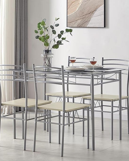 VECELO Kitchen Dining Room Table and Chairs 4, 5-Piece Dinette Sets, Space Saving (Silver), Silvery - LeafyLoom