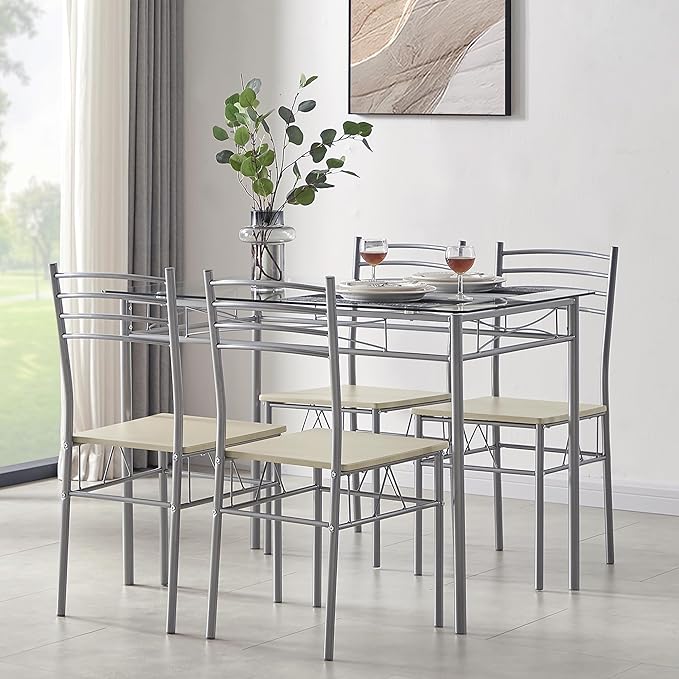 VECELO Kitchen Dining Room Table and Chairs 4, 5-Piece Dinette Sets, Space Saving (Silver), Silvery - LeafyLoom