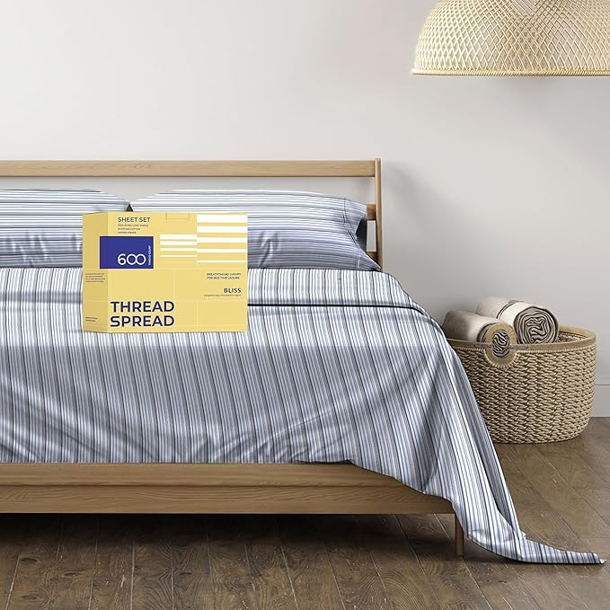 THREAD SPREAD 100% Egyptian Cotton Printed Bed Sheets - 600 Thread Count 4 PC King Sheet Set, Hotel Luxury Sateen Bedsheets, 16" Deep Pocket Soft Cooling Sheets for King Size Bed - Variegated Stripe - LeafyLoom