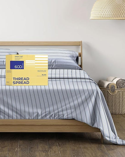 THREAD SPREAD 100% Egyptian Cotton Printed Bed Sheets - 600 Thread Count 3 PC Twin Sheet Set, Hotel Luxury Sateen Bedsheets, 16" Deep Pocket Soft Cooling Sheets for Twin Size Bed - Variegated Stripe - LeafyLoom