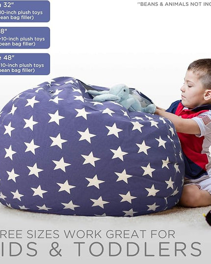 Aubliss Stuffed Animal Storage Bean Bag Chair Cover (No Beans)，Stuff and Sit Storage Bean Bag for Kids Toy Storage, Medium 32"-Canvas Stars Royal Blue - LeafyLoom