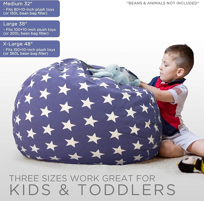 Aubliss Stuffed Animal Storage Bean Bag Chair Cover (No Beans)，Stuff and Sit Storage Bean Bag for Kids Toy Storage, Medium 32"-Canvas Stars Royal Blue - LeafyLoom
