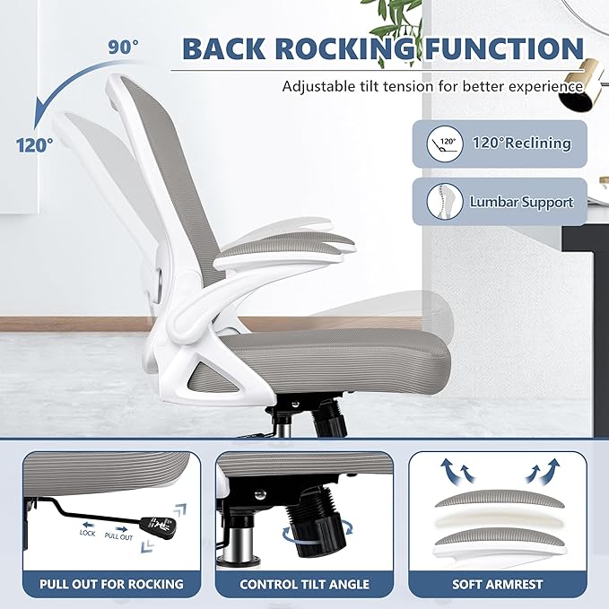 Office Chair Desk Chair, Ergonomic Mesh Computer Chair Home Office Desk Chairs, Swivel Task Chair Mid Back Breathable Rolling Chair with Adjustable Lumbar Support Flip Up Armrest (Gray) - LeafyLoom