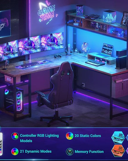 Aheaplus L Shaped Desk with Power Outlet & LED Strip, Reversible L-Shaped Corner Computer Desks Gaming Desk with Storage Shelf & Monitor Stand, Modern Home Office Desk, Writing Desk, Rustic Brown - LeafyLoom