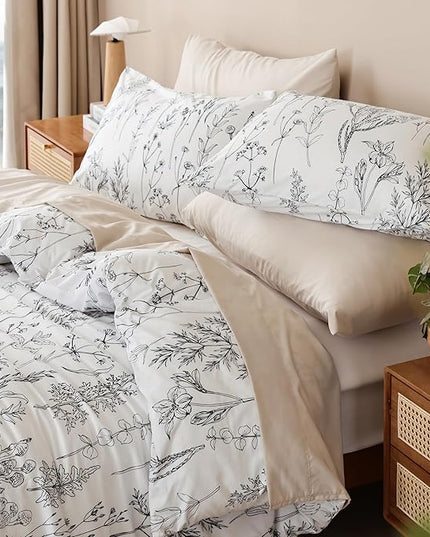 JANZAA 3pcs White Comforter Set King, Soft Floral Microfiber Bedding King Size Comforter Set with 2 Pillow Cases for All Seasons - LeafyLoom