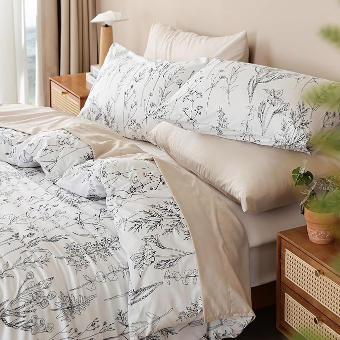 JANZAA 3pcs White Comforter Set King, Soft Floral Microfiber Bedding King Size Comforter Set with 2 Pillow Cases for All Seasons - LeafyLoom