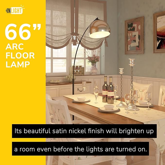GETINLIGHT 66" Modern Brushed Nickel Arc Floor Lamp with Inner White Metal Shade and Black Marble Base, LED Bulb Included, IN-0806-1-SN - LeafyLoom