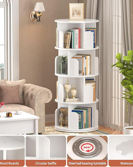Rotating Bookshelf, Wood Corner Bookshelf, 360 Display Spinning Bookcase Storage Rack, 4 Tier Floor Standing Revolving Bookcase Narrow Book Shelf Organizer for Small Space, Bedroom, White - LeafyLoom