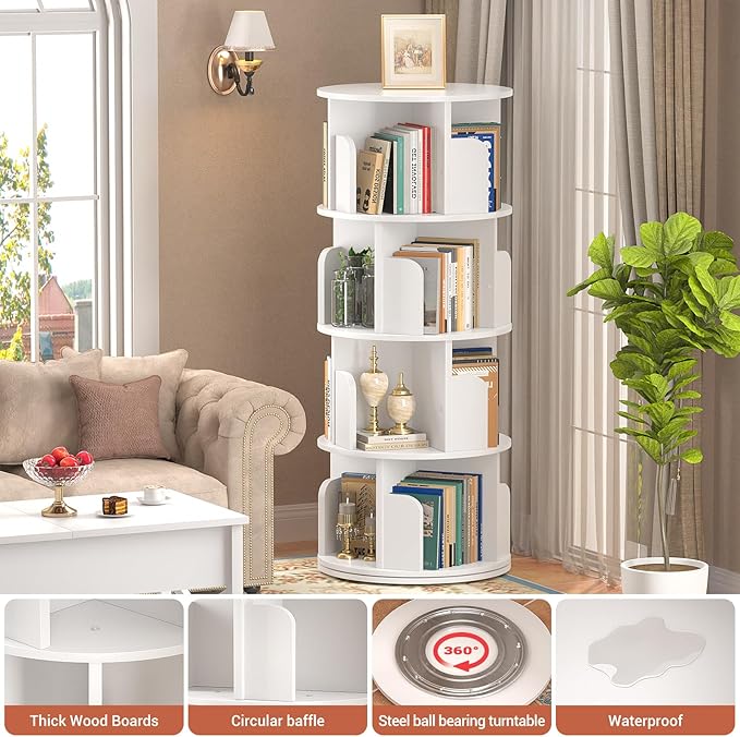 Rotating Bookshelf, Wood Corner Bookshelf, 360 Display Spinning Bookcase Storage Rack, 4 Tier Floor Standing Revolving Bookcase Narrow Book Shelf Organizer for Small Space, Bedroom, White - LeafyLoom