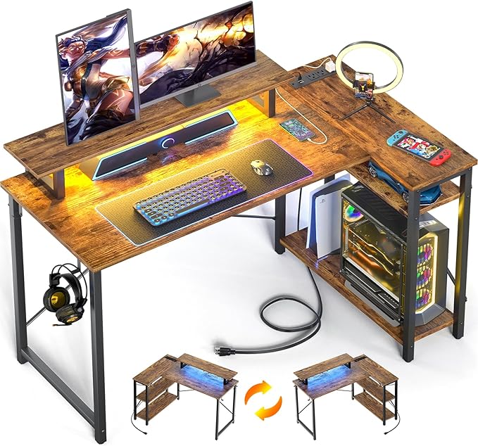 Homieasy L Shaped Gaming Desk with Power Outlet & LED Light, 47 Inch Computer Desk with Storage Shelves, Reversible Corner Desk with Monitor Stand Headset Hooks for Home Office, Rustic Brown - LeafyLoom