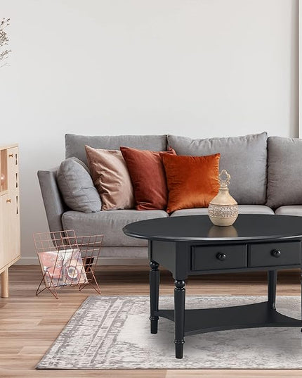 Leick Coastal Oval Coffee Table with Shelf, Swan Black - LeafyLoom