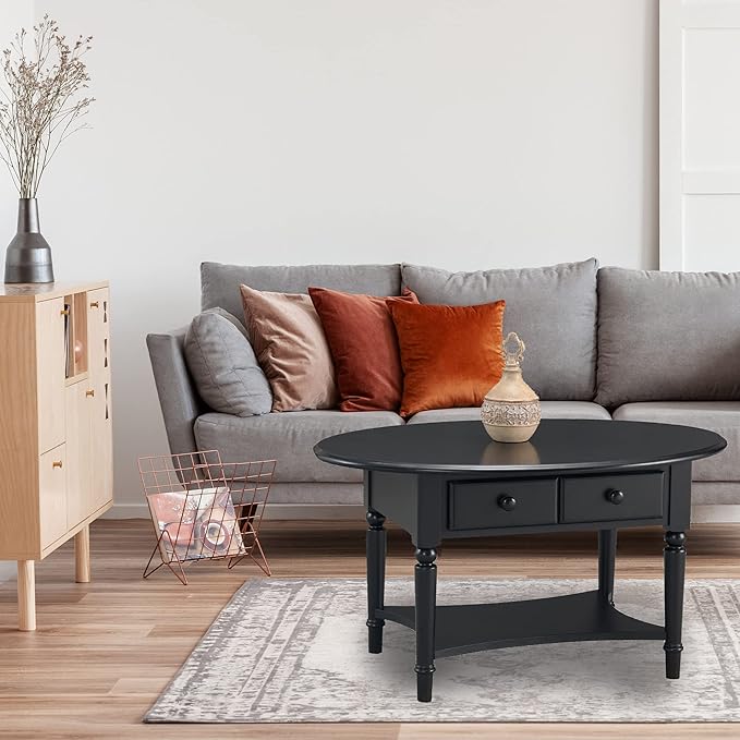 Leick Coastal Oval Coffee Table with Shelf, Swan Black - LeafyLoom