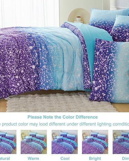 PERFEMET Blue Purple Girls Twin Comforter Set with Sheets, 6Pcs Glitter Tie Dye Rainbow Kids Girls Bedding Sets, Sparkle Gradient Ombre Bed in A Bag for Bedroom Decor - LeafyLoom