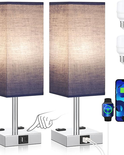 aooshine SW1 Blue Touch Lamp Set of 2 with USB Port Nightstand Lamp with USB-C+A Charge Ports& AC Outlets, 3-Way Dimmable Bedside Lamp, Small Table Lamp for Bedroom Living Room (Bulb Included) - LeafyLoom