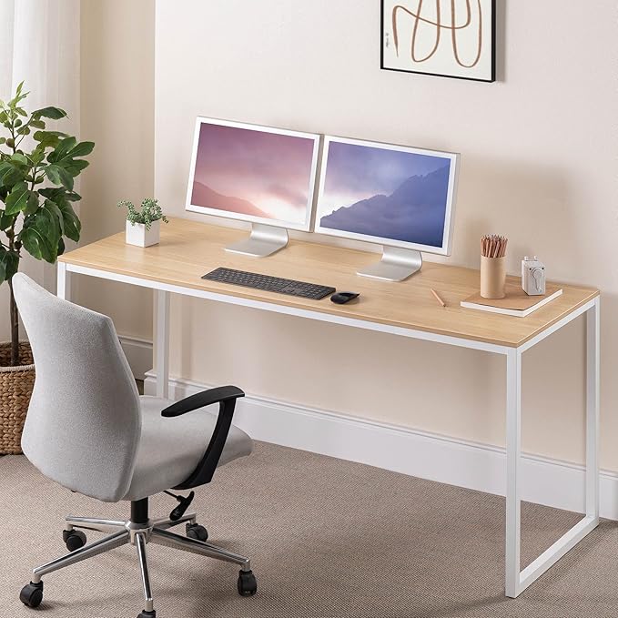 ZINUS Jennifer 63 Inch White Frame Desk / Computer Workstation / Office Desk / Easy Assembly, Natural - LeafyLoom