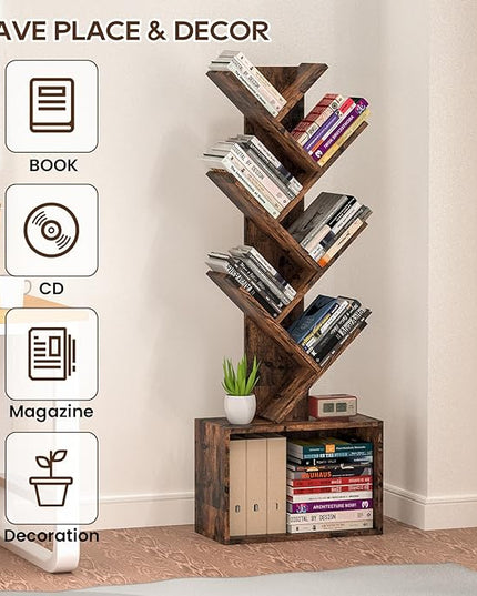6 Tier Tree Bookshelf, Sturdy Retro Floor Standing Wood Bookcase, Storage Rack for Home Office, Living Room, Bedroom, Reading Spot, Heavy Book Organizer Shelves for CDs/DVDs/Movies - LeafyLoom