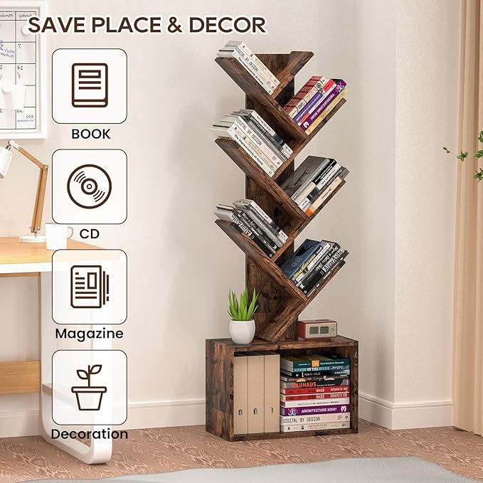 6 Tier Tree Bookshelf, Sturdy Retro Floor Standing Wood Bookcase, Storage Rack for Home Office, Living Room, Bedroom, Reading Spot, Heavy Book Organizer Shelves for CDs/DVDs/Movies - LeafyLoom