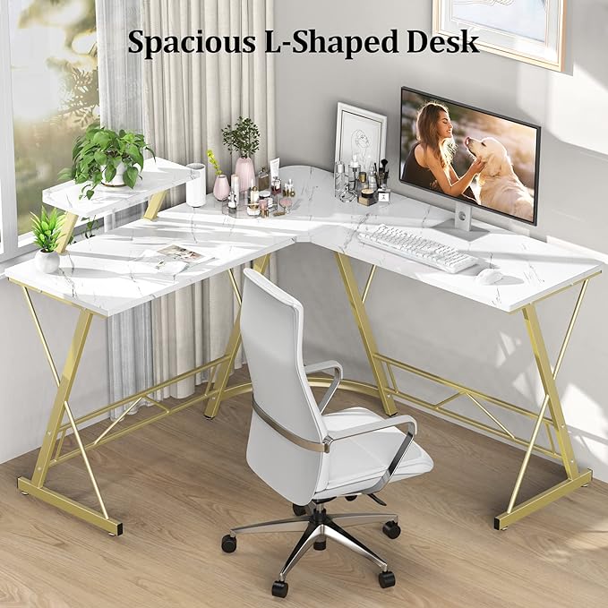 Mr IRONSTONE L Shaped Desk Computer Corner Desk, Home Gaming Desk, Office Writing Workstation with Large Monitor Stand, Easy to Assemble (White,51 Inch) - LeafyLoom