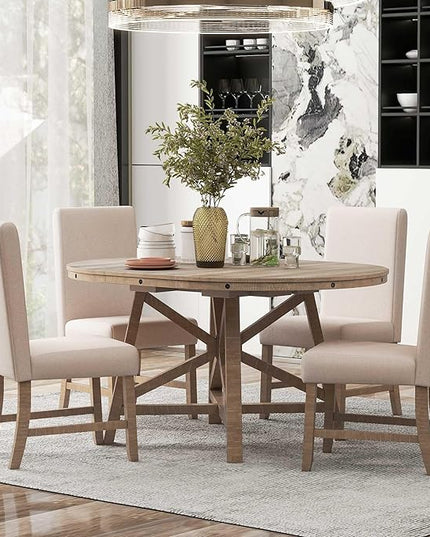 5-Piece Retro Style Dining Set with Extendable Round Table and 4 Upholstered Chairs for Kitchen, Living Room, Wood, 42"-58" L x 42" W x 30" H, Natural Wash - LeafyLoom